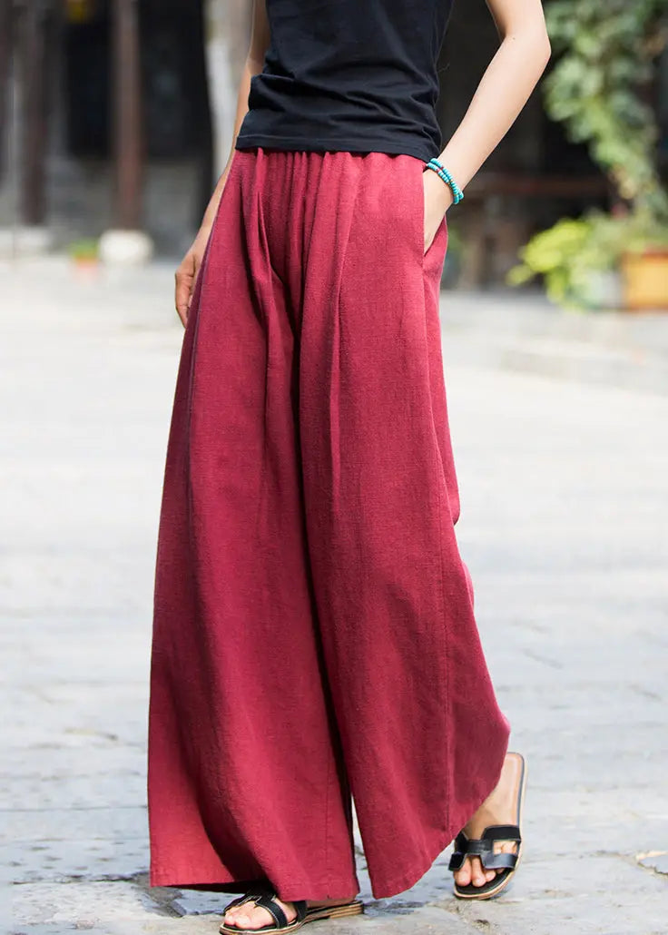 New Wine Red Pockets Elastic Waist Linen Pants Summer Cg1055