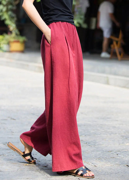 New Wine Red Pockets Elastic Waist Linen Pants Summer Cg1055