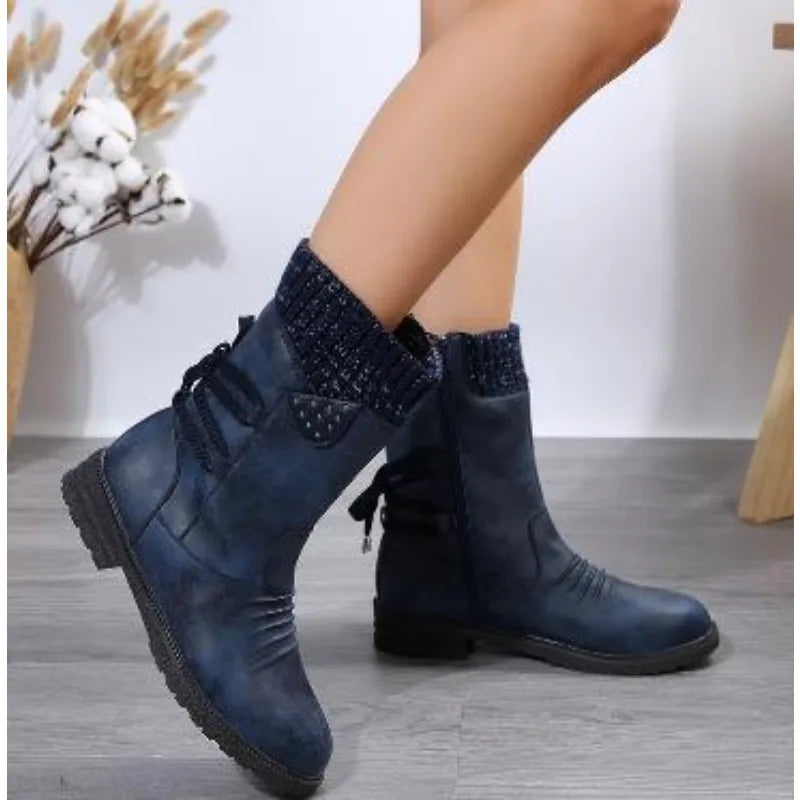 New Winter Fashionable Retro Low Heeled Warm Mid Calf Ankle Boot