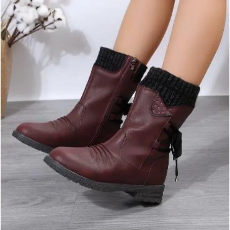 New Winter Fashionable Retro Low Heeled Warm Mid Calf Ankle Boot