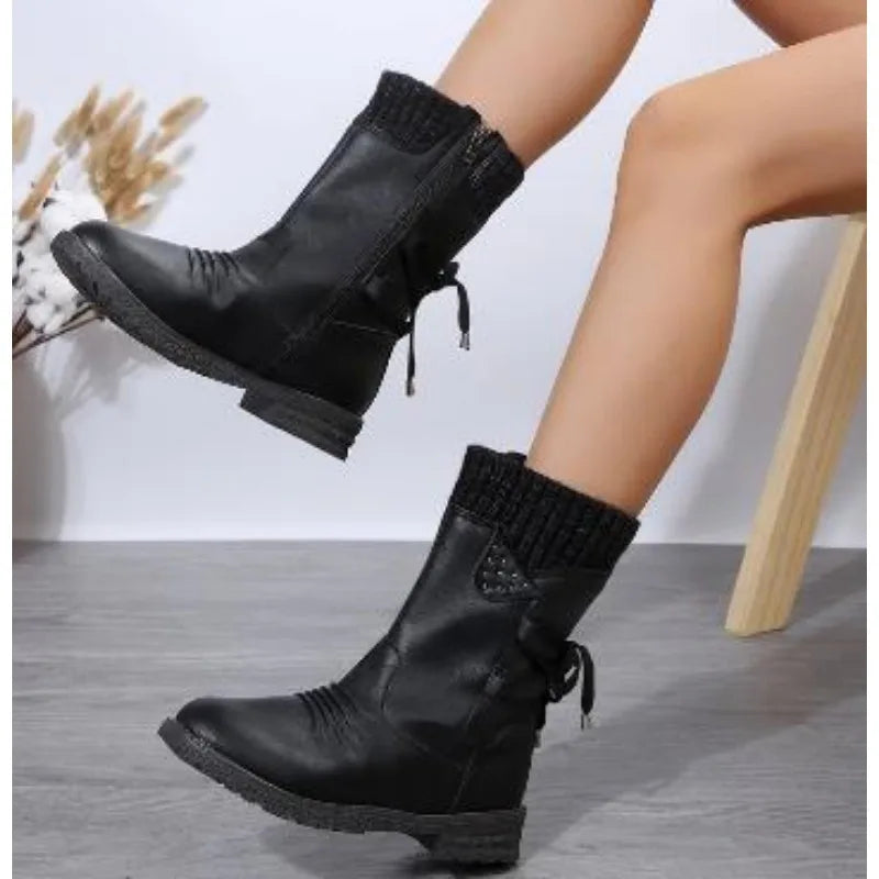 New Winter Fashionable Retro Low Heeled Warm Mid Calf Ankle Boot