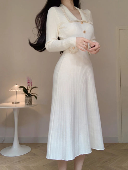 New French Knitted Dress Autumn Winter Slim A-line Lapel Knitted Dresses Long Sleeve Midi Dress