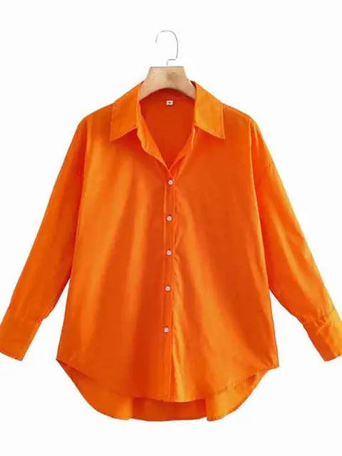 New Simply Candy Color Single Breasted Poplin Shirts Office Lady Long Sleeve Blouse Chemise Tops
