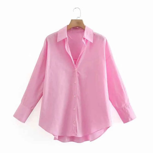 New Simply Candy Color Single Breasted Poplin Shirts Office Lady Long Sleeve Blouse Chemise Tops