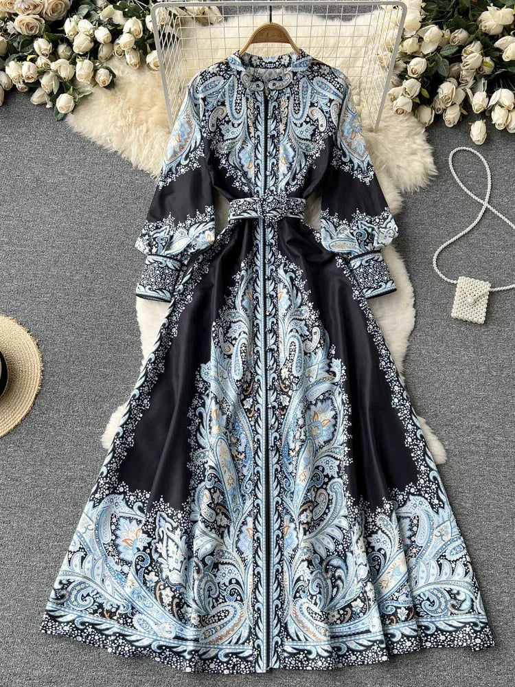 New Party Dress Long Sleeve Single Breasted Stand Collar Printed Long Dresses Spring Autumn Robe