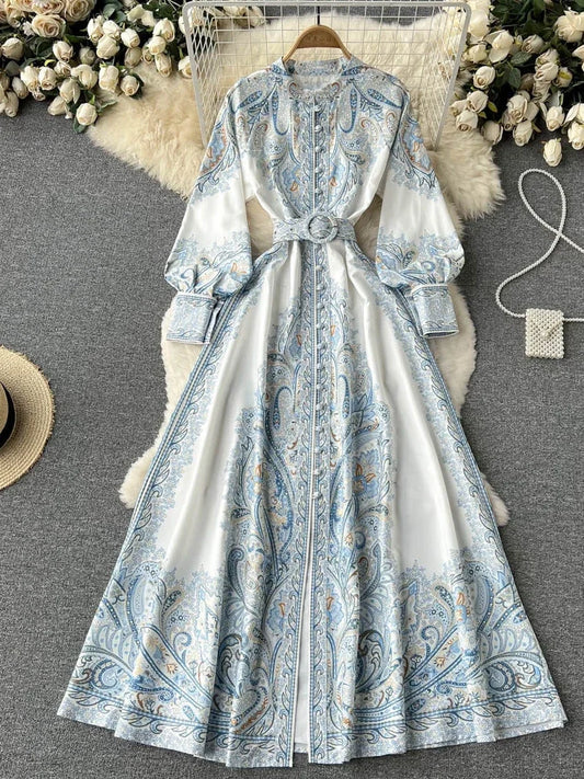 New Party Dress Long Sleeve Single Breasted Stand Collar Printed Long Dresses Spring Autumn Robe