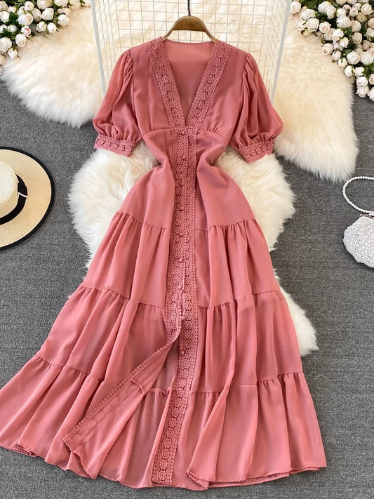 New Party Dress Summer Puff Sleeve V Neck Lace Single-breasted Long Dresses a Line Long Robe