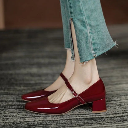 New Red Black Mary Janes Leather Square Toe Buckle Strap Shoes Low Heel Pumps