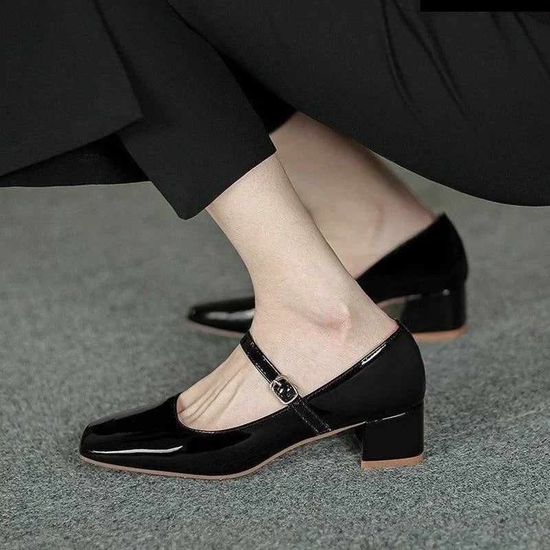 New Red Black Mary Janes Leather Square Toe Buckle Strap Shoes Low Heel Pumps