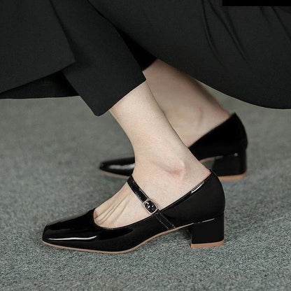 New Red Black Mary Janes Leather Square Toe Buckle Strap Shoes Low Heel Pumps
