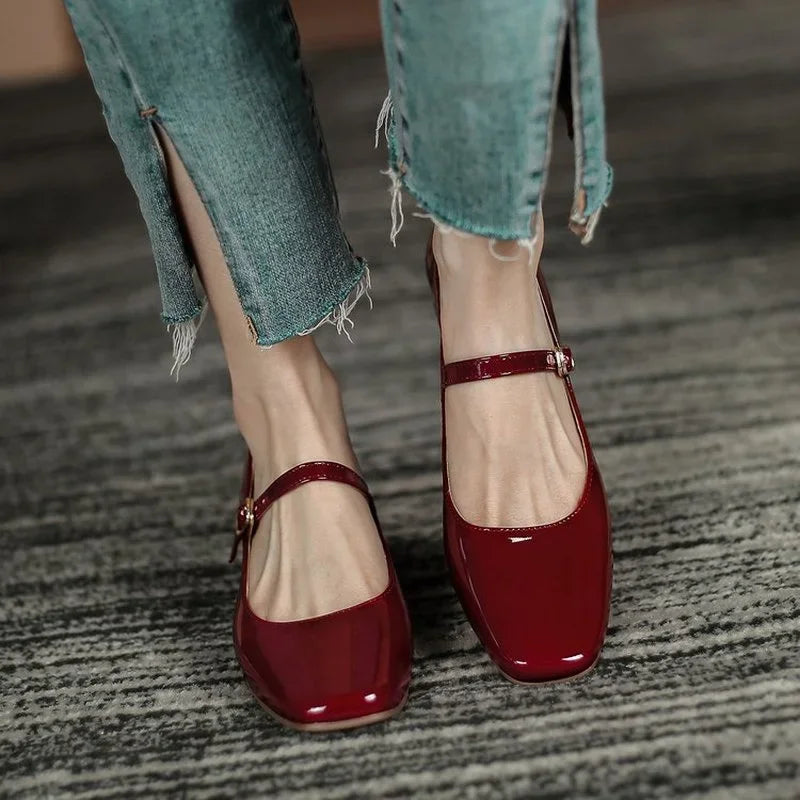 New Red Black Mary Janes Leather Square Toe Buckle Strap Shoes Low Heel Pumps