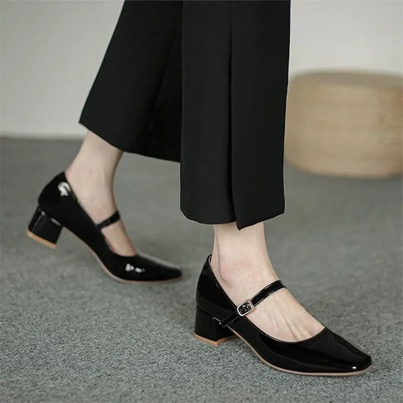 New Red Black Mary Janes Leather Square Toe Buckle Strap Shoes Low Heel Pumps