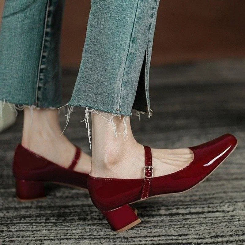 New Red Black Mary Janes Leather Square Toe Buckle Strap Shoes Low Heel Pumps