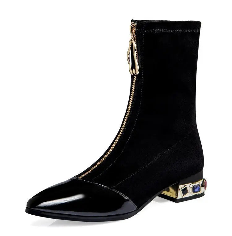 New Crystal Pointy Rhinestone Black Ankle Boot
