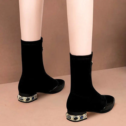 New Crystal Pointy Rhinestone Black Ankle Boot