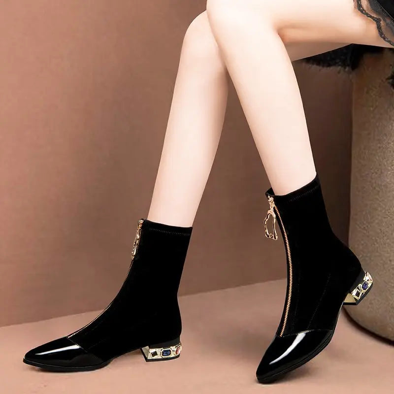 New Crystal Pointy Rhinestone Black Ankle Boot