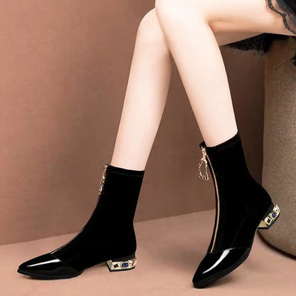 New Crystal Pointy Rhinestone Black Ankle Boot