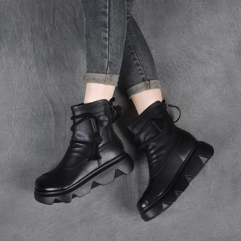 High Top Leather Cowboy Round Toe Lace Up Platform Ankle Boot
