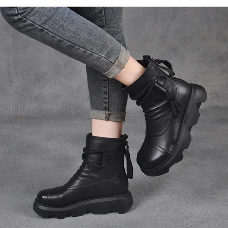 High Top Leather Cowboy Round Toe Lace Up Platform Ankle Boot