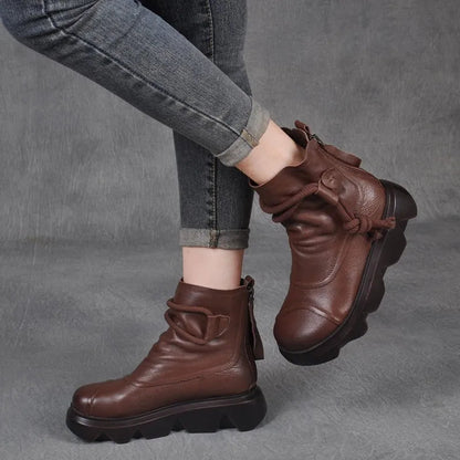 High Top Leather Cowboy Round Toe Lace Up Platform Ankle Boot