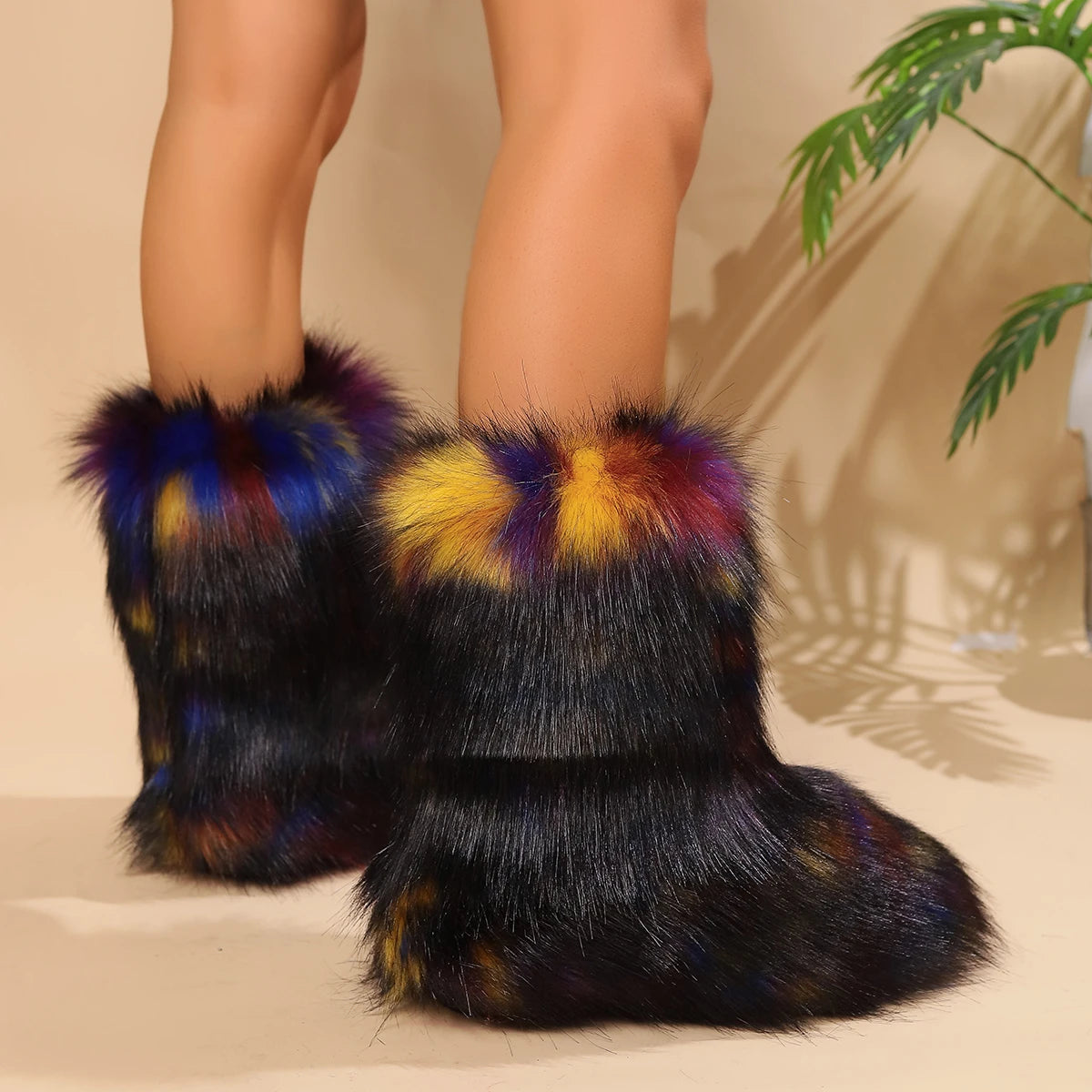 New Winter Snow Boots Outdoor Furry Faux Fox Fur New Boots Womanplush Warm Platform Shoes Bottes