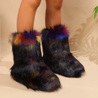 New Winter Snow Boots Outdoor Furry Faux Fox Fur New Boots Womanplush Warm Platform Shoes Bottes