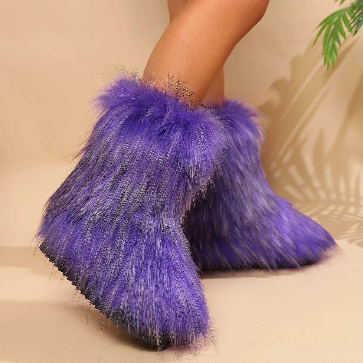 New Winter Snow Boots Outdoor Furry Faux Fox Fur New Boots Womanplush Warm Platform Shoes Bottes