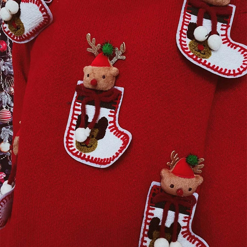 Elk 3d Decoration Christmas Sweater - Long Sleeve Knit Pullover