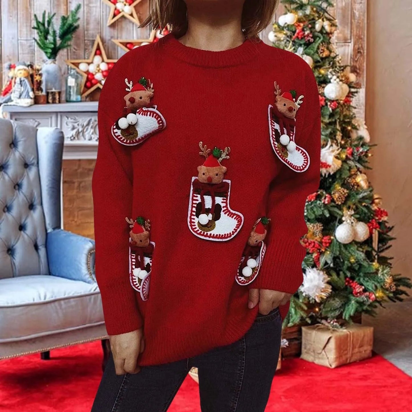Elk 3d Decoration Christmas Sweater - Long Sleeve Knit Pullover