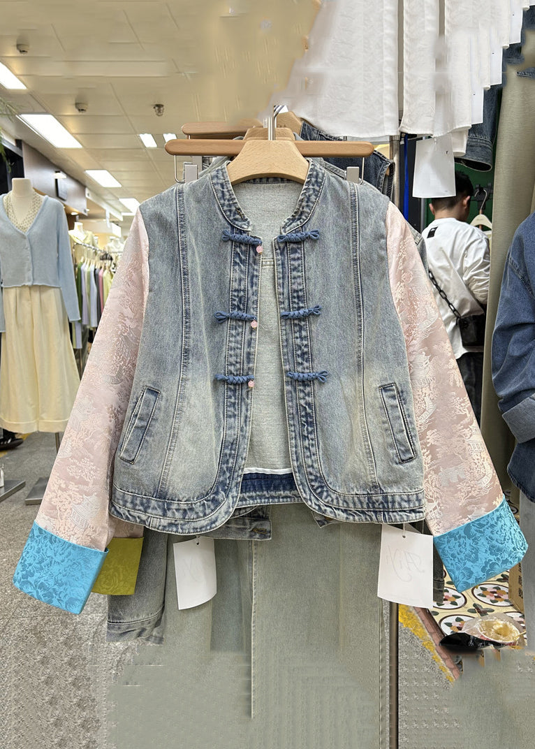 New Yellow Button Patchwork Denim Coats Long Sleeve Qa1027