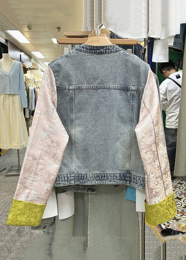 New Yellow Button Patchwork Denim Coats Long Sleeve Qa1027