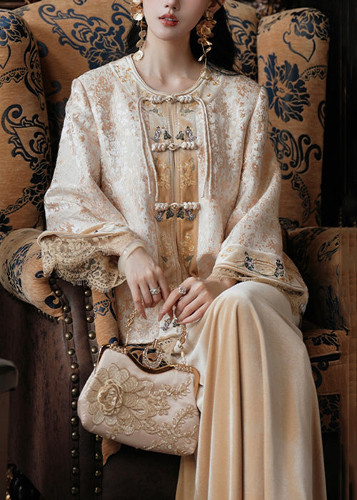 New Yellow Chinese Button Coat and Silk Velvet Skirts Two Pieces Set Fall Wy003