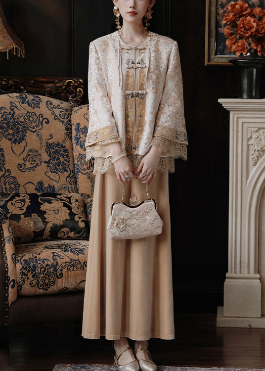 New Yellow Chinese Button Coat and Silk Velvet Skirts Two Pieces Set Fall Wy003