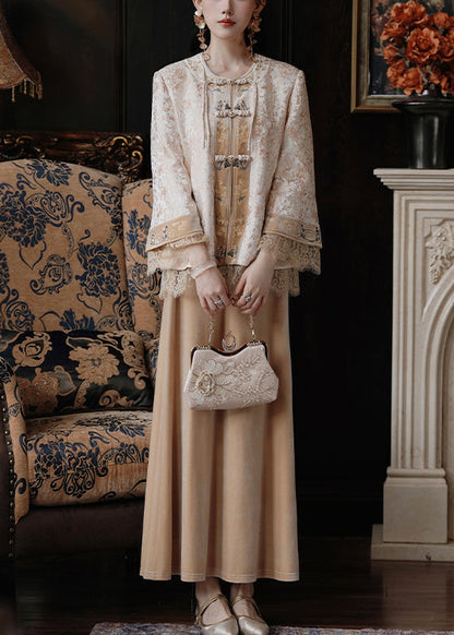 New Yellow Chinese Button Coat and Silk Velvet Skirts Two Pieces Set Fall Wy003