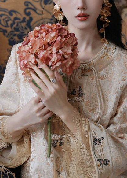 New Yellow Chinese Button Coat and Silk Velvet Skirts Two Pieces Set Fall Wy003