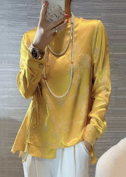 New Yellow Chinese Button Print Silk Blouses Spring Qa1080