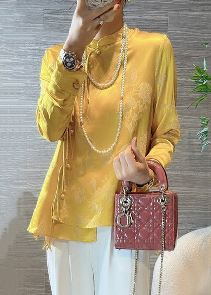 New Yellow Chinese Button Print Silk Blouses Spring Qa1080