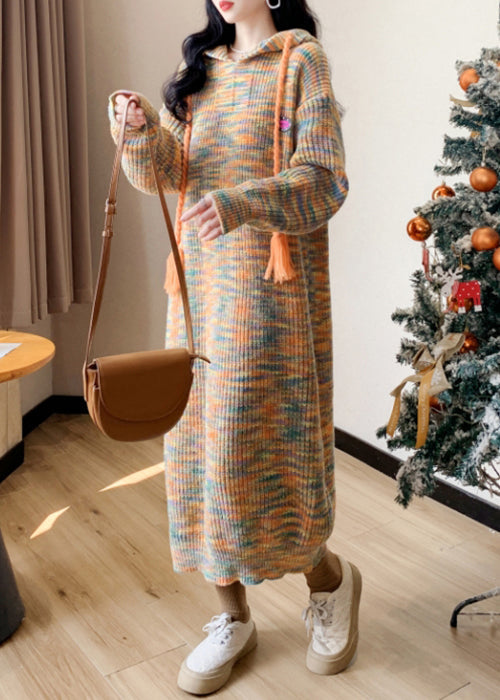 New Yellow Hooded Cozy Cotton Knit Sweater Dress Winter Rk033