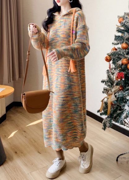 New Yellow Hooded Cozy Cotton Knit Sweater Dress Winter Rk033