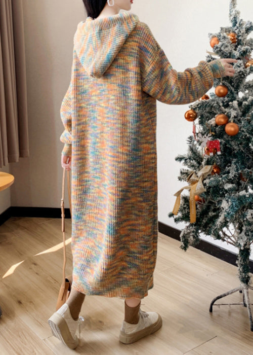 New Yellow Hooded Cozy Cotton Knit Sweater Dress Winter Rk033