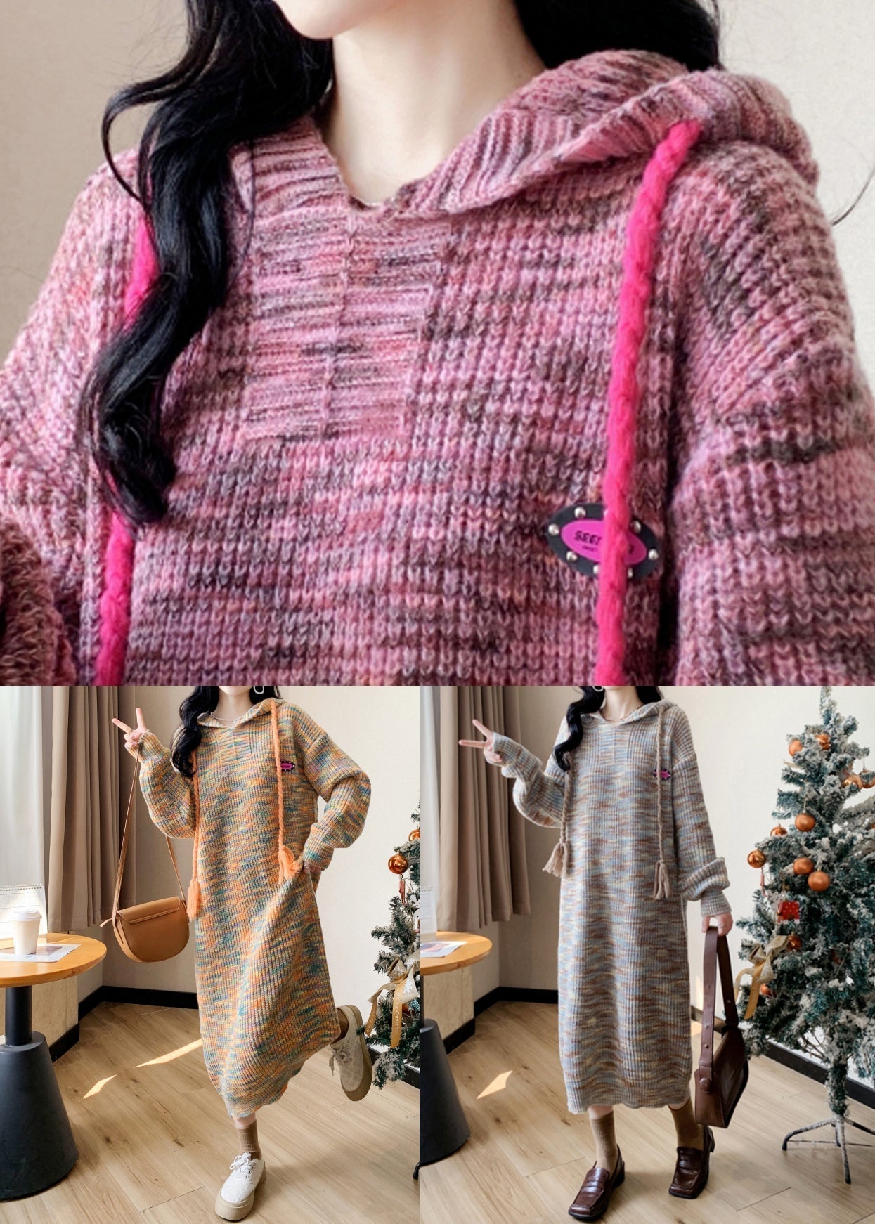 Pink Lace Up Patchwork Cotton Knit Long Dress Winter Rk034