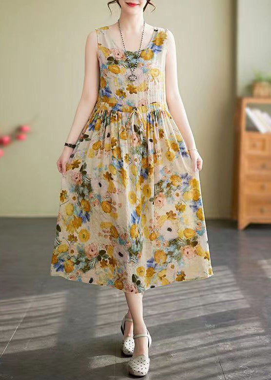 New Yellow O Neck Lace Up Print Cotton Long Dress Sleeveless Jh058