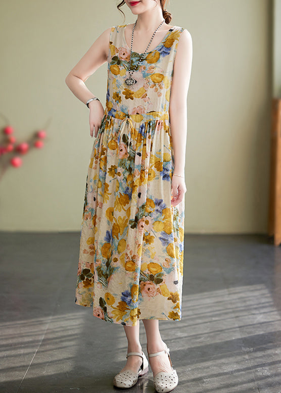 New Yellow O Neck Lace Up Print Cotton Long Dress Sleeveless Jh058