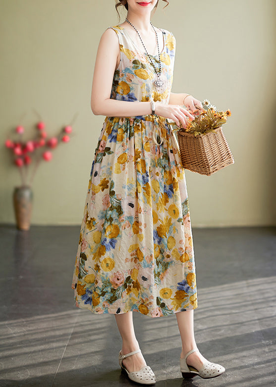 New Yellow O Neck Lace Up Print Cotton Long Dress Sleeveless Jh058