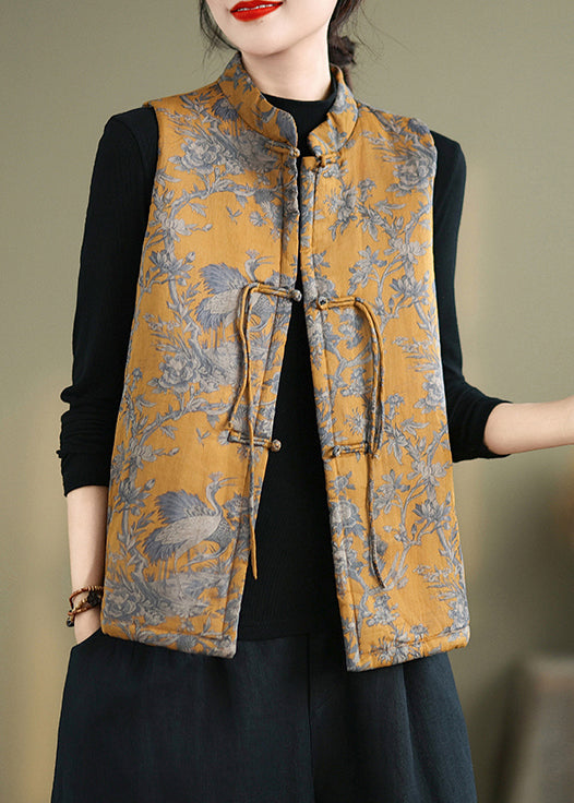 New Yellow Print Chinese Button Cotton Filled Waistcoat Winter Qg046