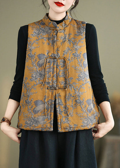 New Yellow Print Chinese Button Cotton Filled Waistcoat Winter Qg046