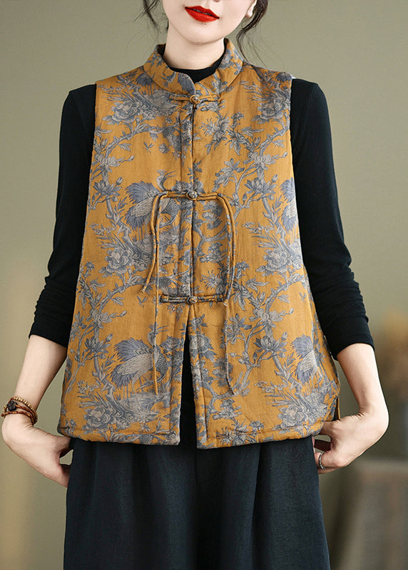 New Yellow Print Chinese Button Cotton Filled Waistcoat Winter Qg046