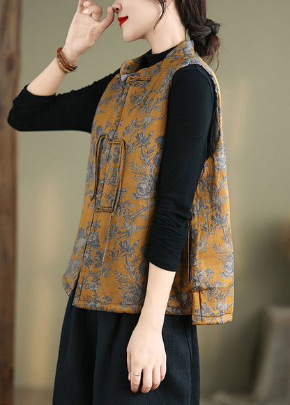 New Yellow Print Chinese Button Cotton Filled Waistcoat Winter Qg046