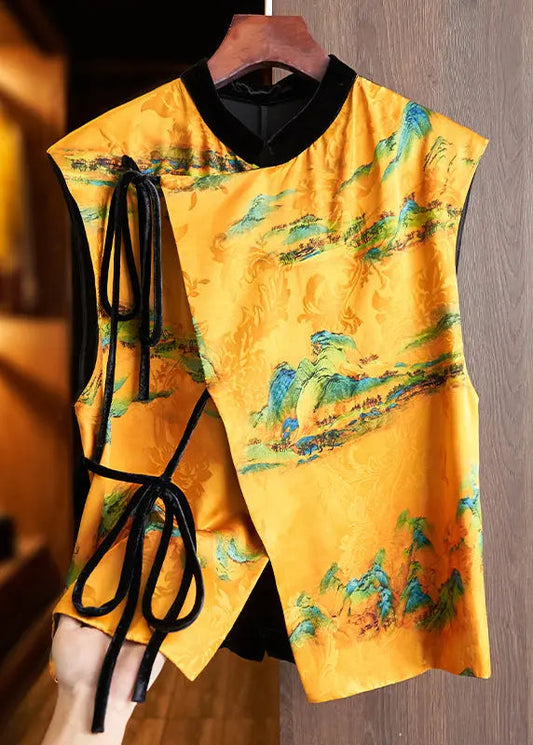Print Lace Up Silk Waistcoat Sleeveless