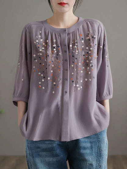 Grace Purple O Neck Embroideried Side Open Linen Blouse Spring Qb032